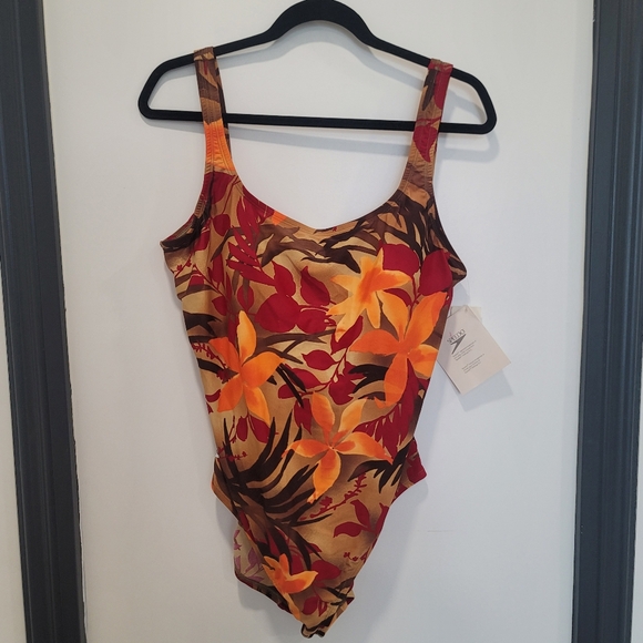 NEW SPEEDO Orange And Brown Floral One Piece Swimsuit Size 18 Vintage - Picture 2 of 13